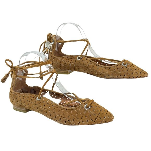 Halogen Shoes Womens Sz 7.5 Nella Ghillie Camel Suede Ankle Wrap Flats Nwob - Picture 2 of 8